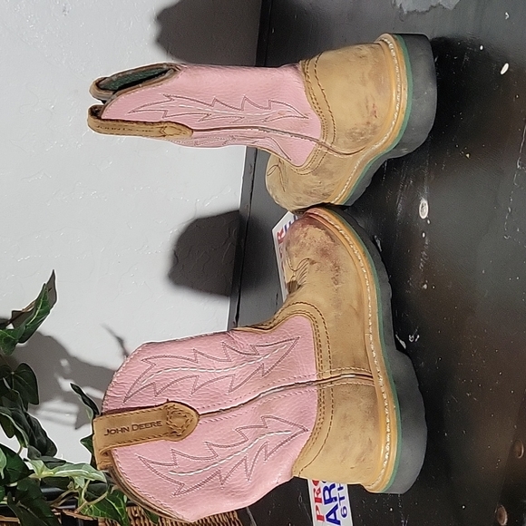 JOHN DEERE Pull On Pink Tan Leather Western Boots 12M Boys - Picture 9 of 15